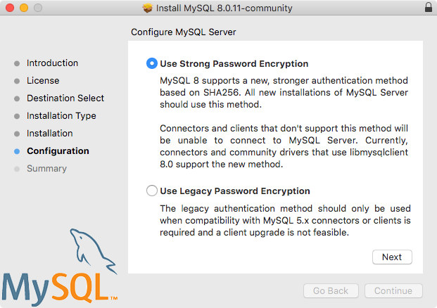 Most content is described in the surrounding text. The installer refers to caching_sha2_password as "Use Strong Password Encryption" and mysql_native_password as a "Use Legacy Password Encryption".
